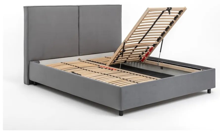Pat matrimonial gri tapițat cu spațiu de depozitare cu somieră 160x200 cm Myra Bold – Bonami Selection
