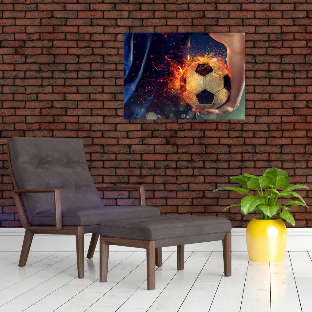 Tablou pe sticlă - Minge de fotbal în flăcări (70x50 cm)