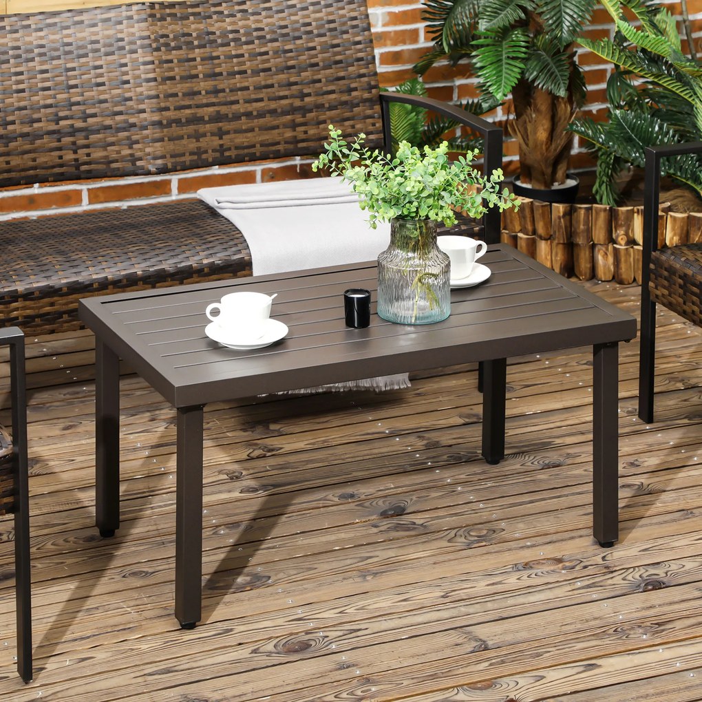 Outsunny Masă de Cafea pentru Aer Liber, Dreptunghiulară, Blat Metalic cu Lame, Picioare Reglabile, Cadru din Oțel, Maro | Aosom Romania