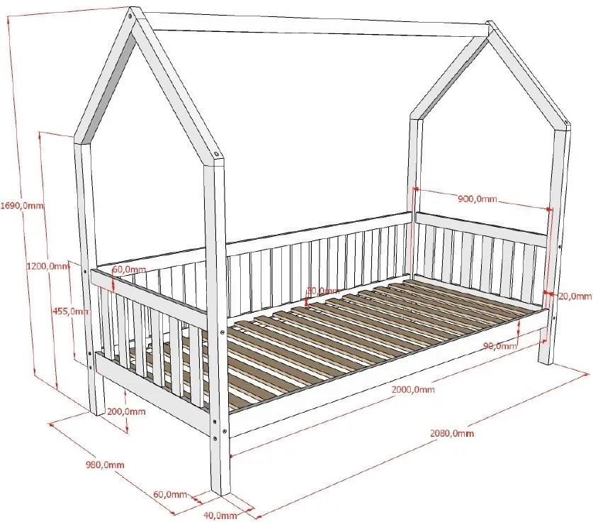 Pat copii pentru camera copil tip CASĂ CABANE CU GARD 90 X 200 CM NATURAL