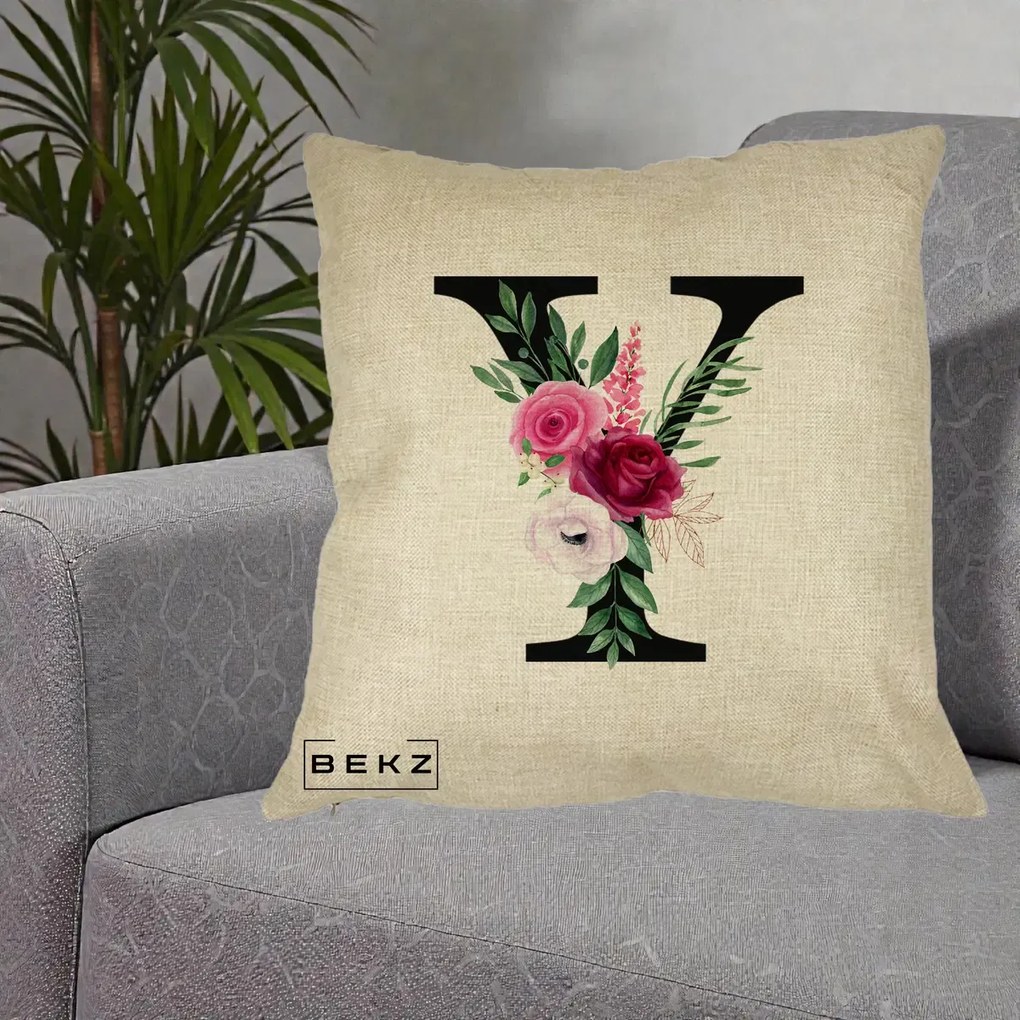 Cadou Personalizat - Perna Personalizata Monograma Florala Litera Y cu Buchet, 40x40 cm, Crem, Husa Detasabila, Perna Inclusa, BEKZ®