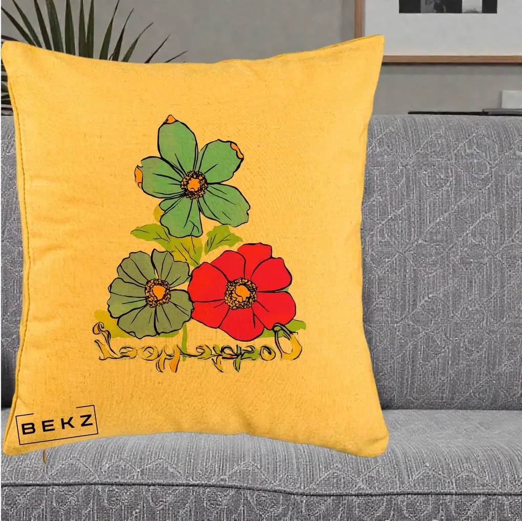 Perna Decorativa Trei Flori Grafice Pop Art, 40x40 cm, Galben, Husa Detasabila, Perna Inclusa, BEKZ®