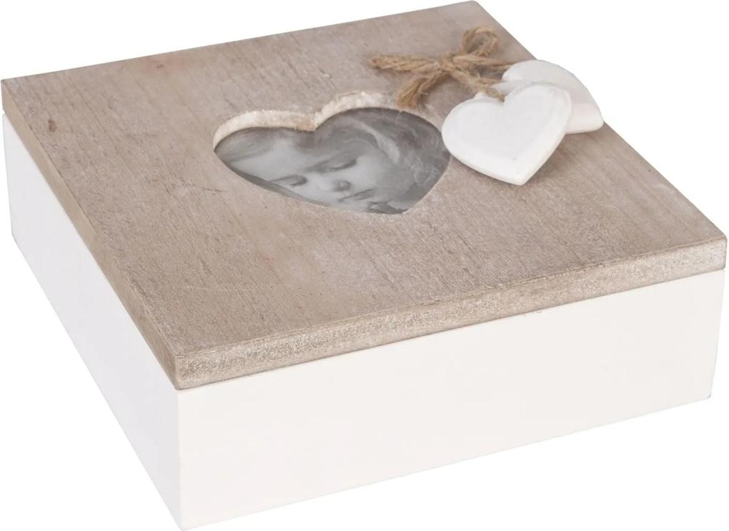 Cutie bijuterii cu rama foto lemn natur alb Heart 15 cm x  15 cm