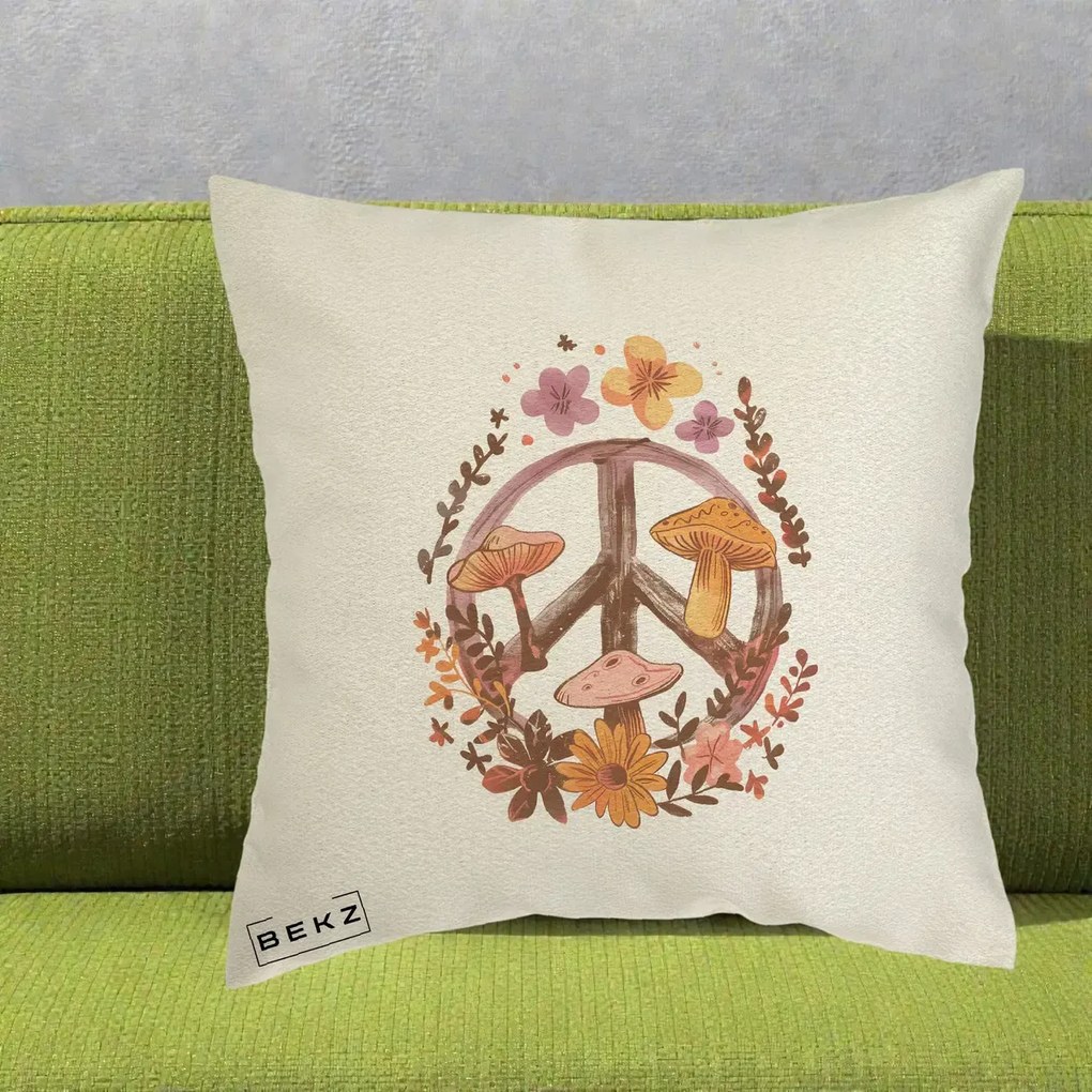Perna Decorativa Peace Sign Ciuperci Floral, 40x40 cm, Ecru, Husa Detasabila, Perna Inclusa, BEKZ®