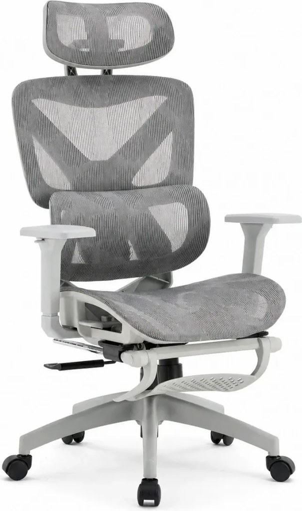 Scaun ergonomic, functie translatie sezut, cotiere 3D, tetiera 3D, suport lombar Adaptive, pivotant, suport picioare, Gri