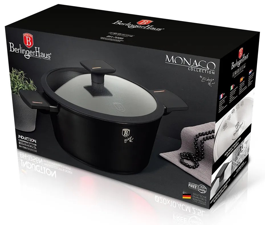 Oală cu capac 20 cm, 2.2 L Berlinger Haus BH 7086, Monaco Collection, antiaderentă cu titan, pentru gătit zilnic