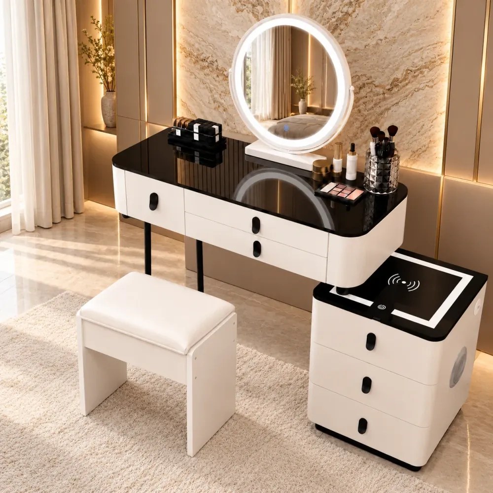 Set MARGOT LONG – Masă de Toaletă pentru Machiaj, Oglindă Alba iluminată LED, Control Touch, 6 sertare, Comoda, Difuzor Bluetooth, Zona încărcare fără fir + USB, Taburet, Alb, 100x40x75 cm