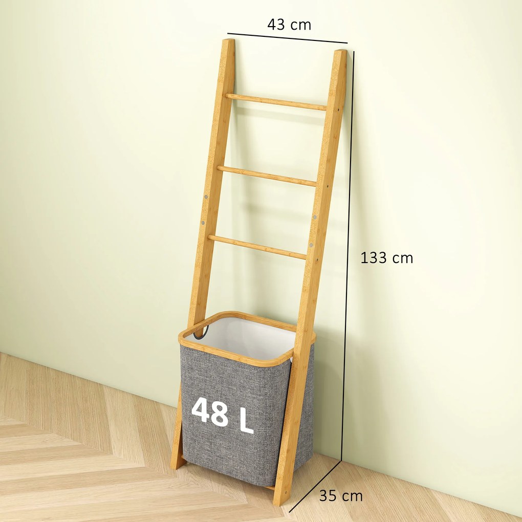 HOMCOM Suport prosoape din bambus cu coș de rufe, scară suport pentru prosoape cu 1 coș de rufe, 43 x 35 x 133 cm, gri | Aosom Romania