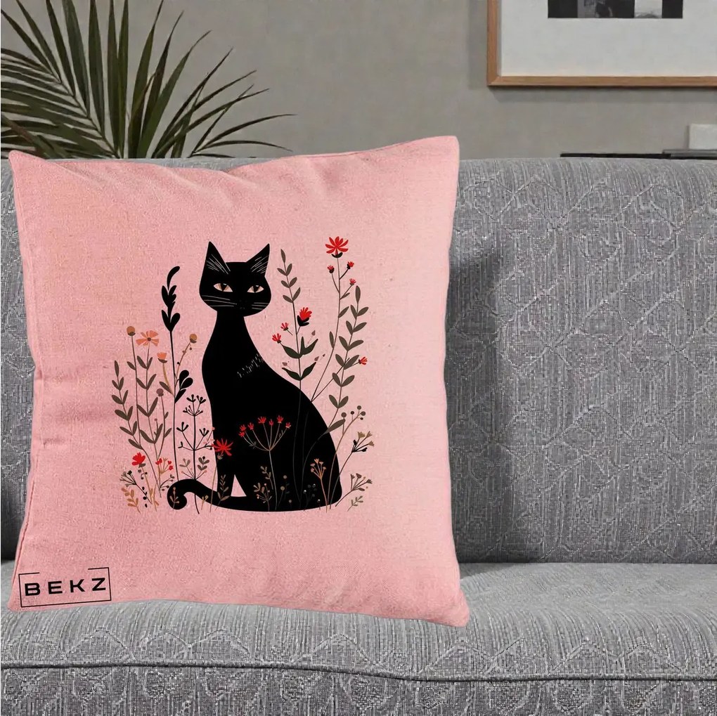 Perna Decorativa Pisica Neagra Botanica Rosu-Gri, 40x40 cm, Roz, Husa Detasabila, Perna Inclusa, BEKZ®