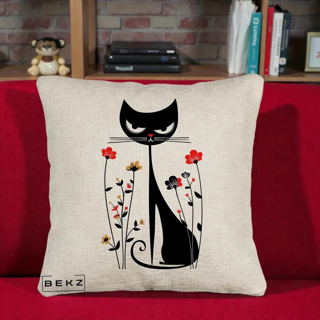 Perna Decorativa Pisica Neagra Grafica Flori Rosii, 40x40 cm, Bej Canapea, Husa Detasabila, Perna Inclusa, BEKZ®