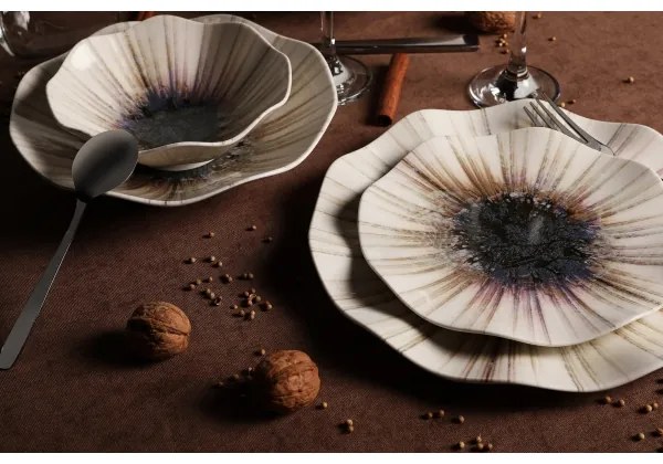 Set veselă 24 piese, porțelan, maro