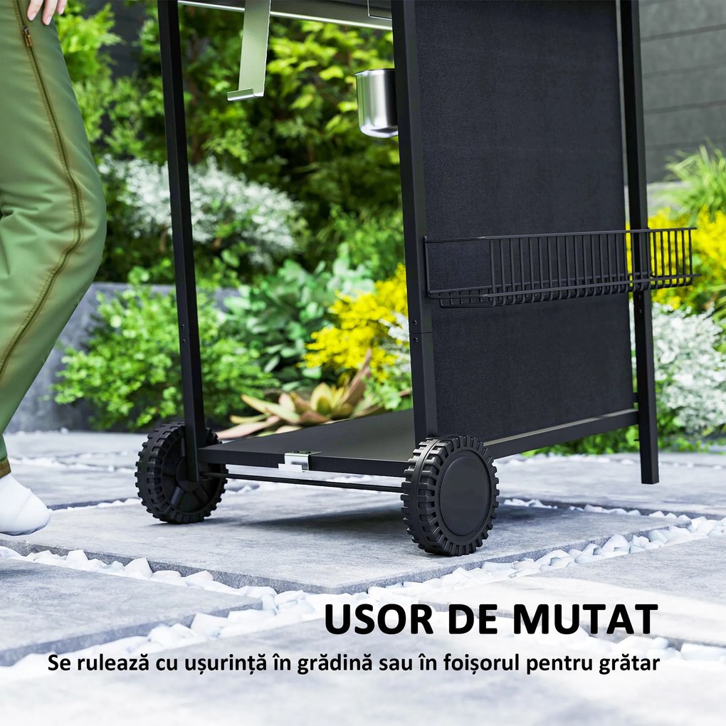 Outsunny Grătar pe Gaz cu Capac, Termometru, Masă Laterală și Tavă pentru Colectarea Grăsimii, 108x54x97 cm, Negru | Aosom Romania