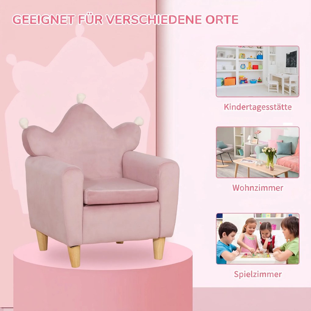 HOMCOM Fotoliu pentru Copii din Material Textil cu Efect de Catifea Roz, cu Spătar în Formă de Coroană, 50.2x41.9x57.8 cm | Aosom Romania