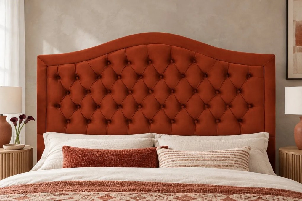 Pat tapițat Chesterfield din catifea Solaria Deluxe 160×200 cm, cărămiziu, cu ladă de depozitare