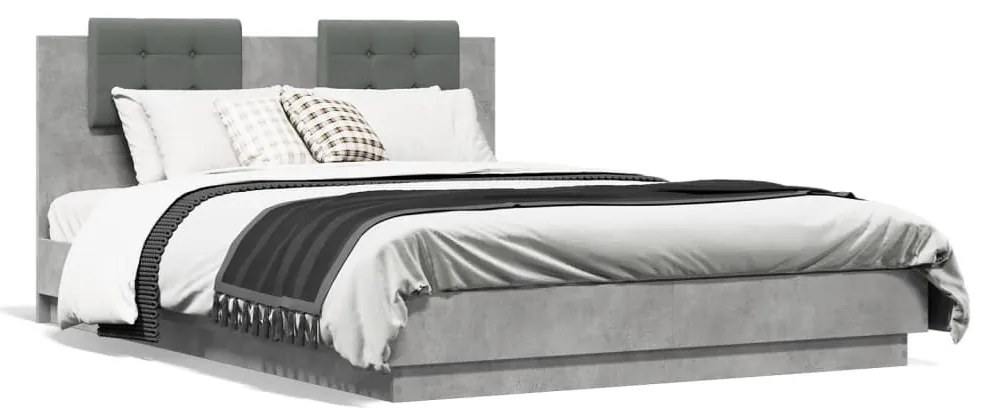 3210013 vidaXL Cadru de pat cu tăblie și lumini LED, gri beton, 140x200 cm