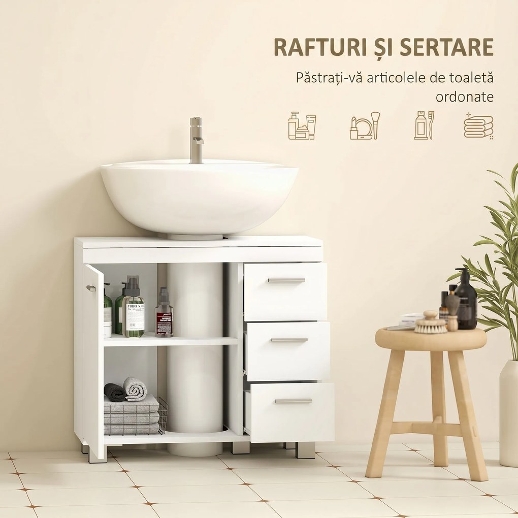 HOMCOM Dulap Sub Lavoar pentru Baie cu Ușă Amortizată și 3 Sertare, Decupaj în Formă de U și Rafturi, Dulap Modern și Compact pentru Lavoare cu Piedestal sau Fără, Alb | Aosom Romania