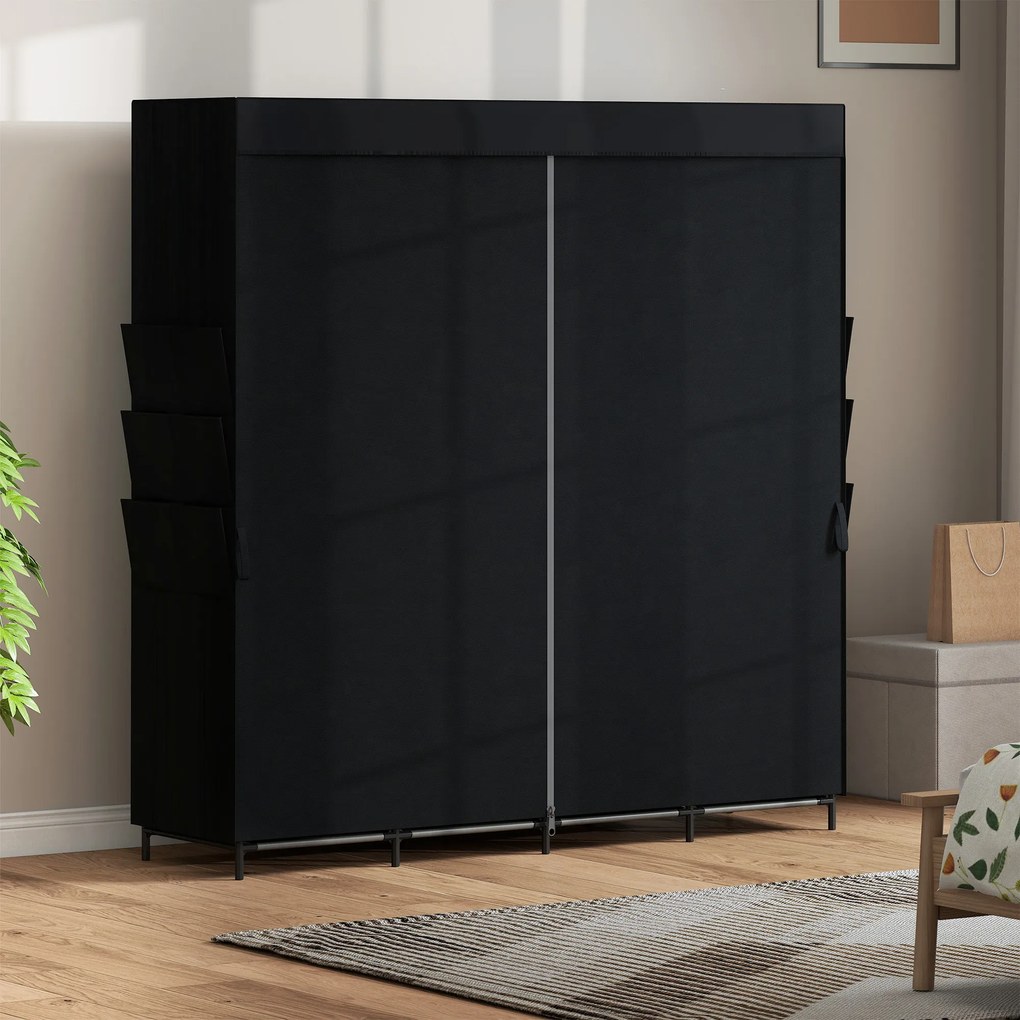 HOMCOM Dulap Textil Compact cu 5 Bare, 4 Rafturi, 6 Buzunare Laterale, Uși Antipraf cu Fermoar, Negru | Aosom Romania