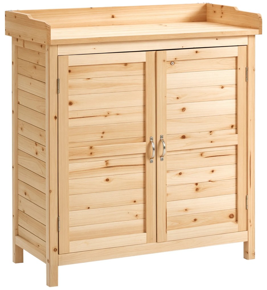 Dulap de exterior Outsunny cu 2 rafturi din lemn de brad cu design înălțat și 2 uși, 83x40x92 cm, culoarea lemnului | Aosom Romania