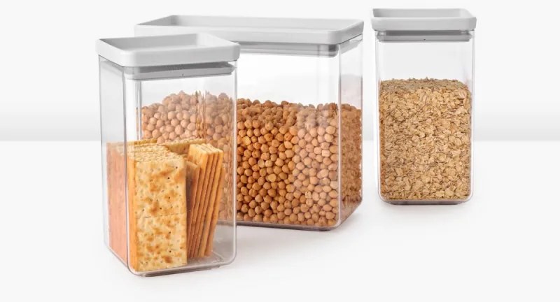 Cutii de depozitare Brabantia Tasty+ stivuibile 1008880, 2x1.6L+1x3.5L, Fara BPA, închidere strânsă, Gri deschis