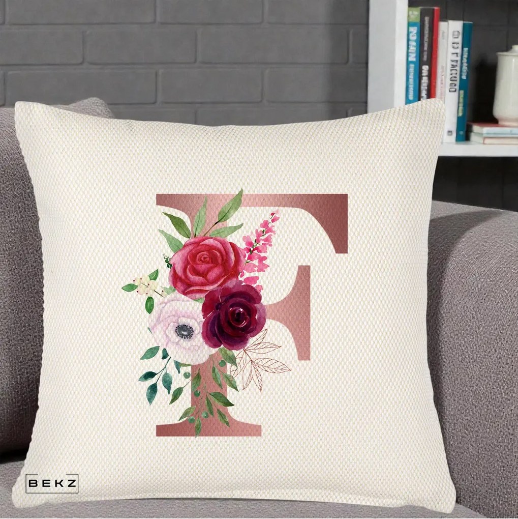 Cadou Personalizat - Perna Personalizata Monograma Rose Gold Litera F, 40x40 cm, Crem Reliefat, Husa Detasabila, Perna Inclusa, BEKZ®