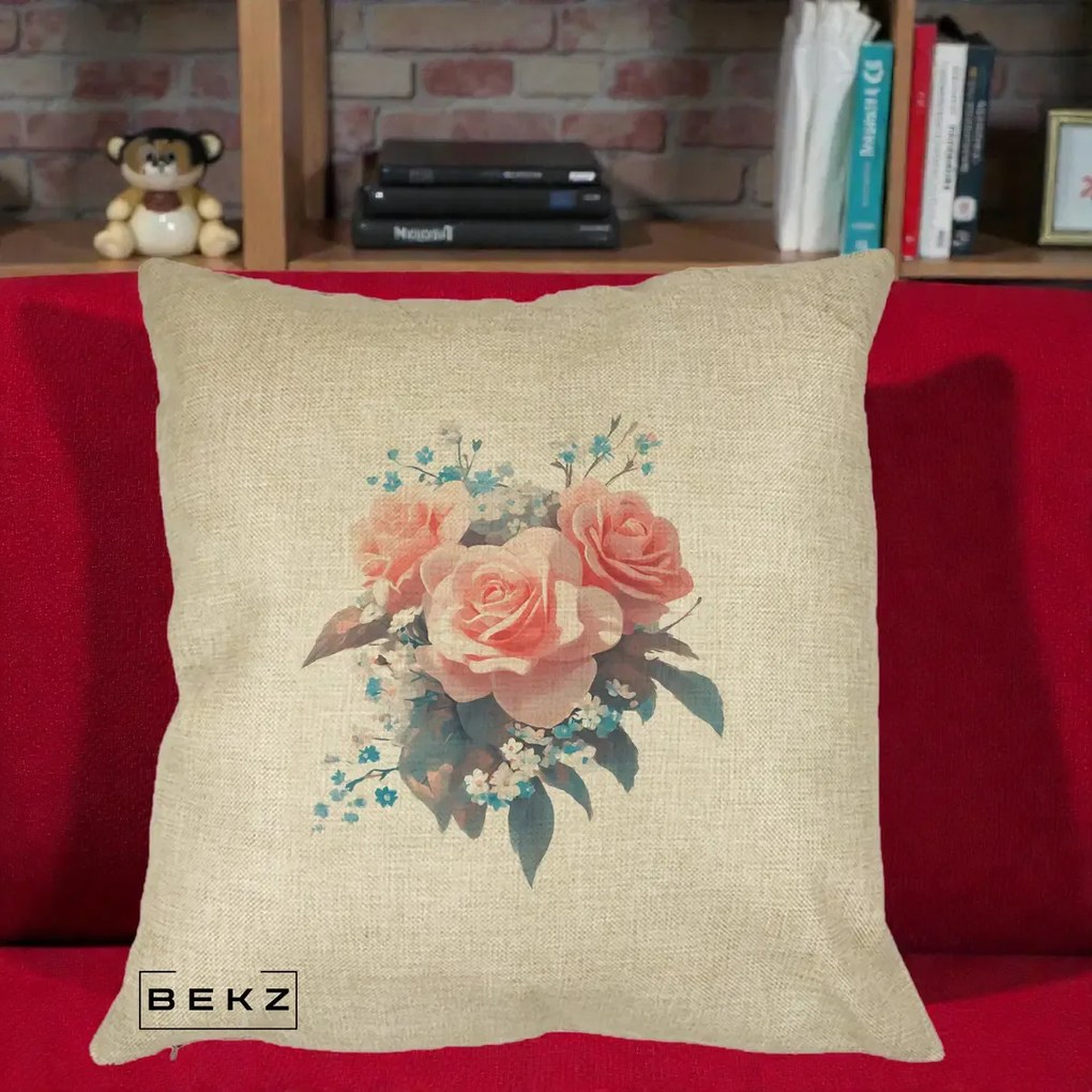 Perna Decorativa Trandafiri Roz cu Floricele Albastre, 40x40 cm, Crem, Husa Detasabila, Perna Inclusa, BEKZ®