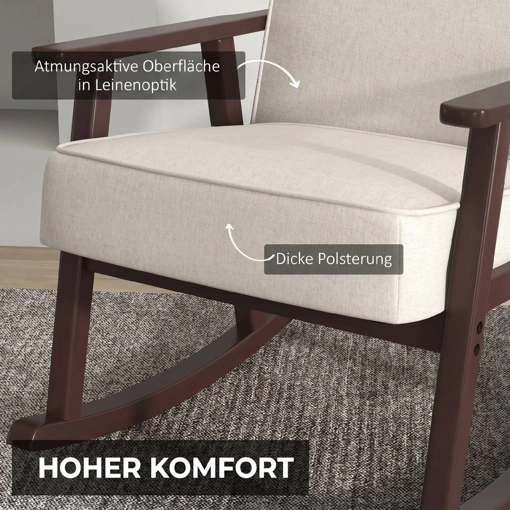 HOMCOM Fotoliu Balansoar pentru Interior din Material Efect In si Lemn cu Cotiere si Perne, 66x78x76 cm, Bej si Maro | Aosom Romania