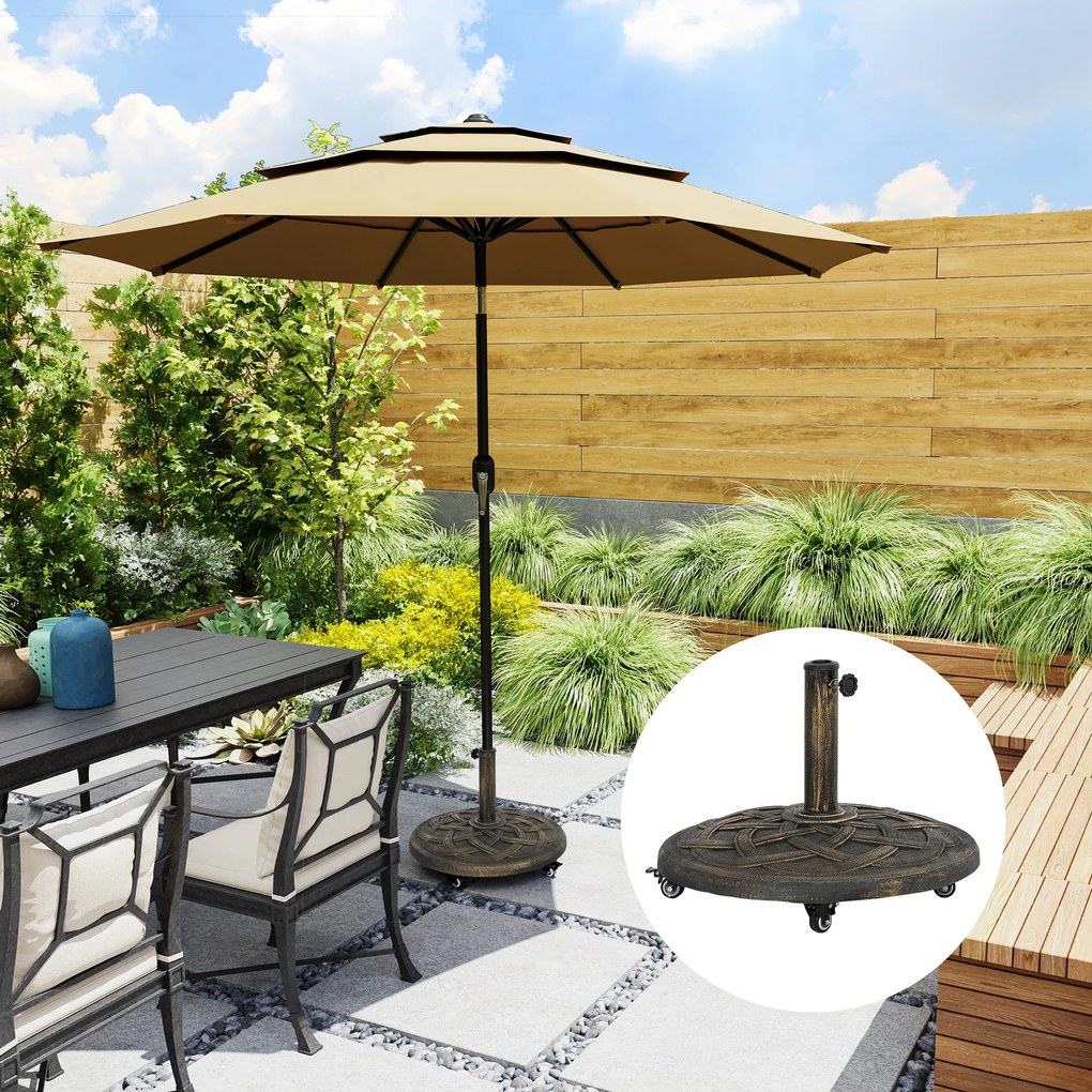 Outsunny Bază Rotundă pentru Umbrelă cu Roți, Bază Ponderată de 20 kg din Rășină, Suport pentru Umbrele de 3,3 cm/3,8 cm/4,8 cm pentru Exterior, Grădină, Piscină, Bronz | Aosom Romania