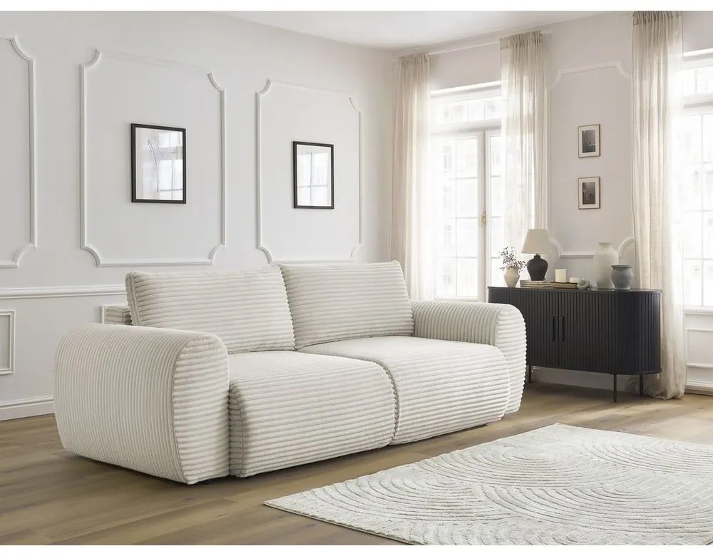 Canapea crem extensibilă cu tapițerie din catifea reiată 257 cm Lucien – Bobochic Paris