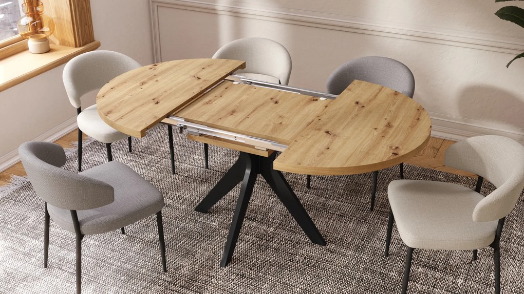 Mazzoni RENZO Stejar Artisan/picior negru - MASĂ ROTUNDĂ Ø110 EXTENSIBILĂ PÂNĂ LA 180 cm | PENTRU BUCĂTĂRIE SUFRAGERIE LIVING RETRO