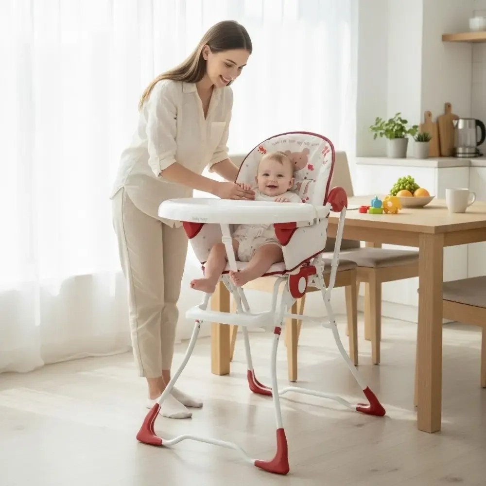 Scaun de masa pentru copii si bebe Baby Care™ CH ,Pliabil, Centura de siguranta, Sezut comfortabil, Masuta detasabila, Model Ursulet , Rosu cu Alb
