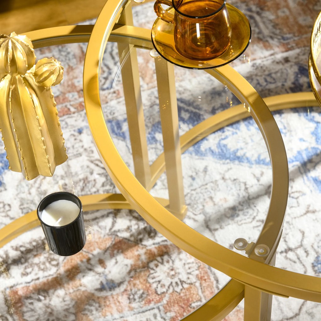 HOMCOM Set de 2 mese de cafea nesting rotunde blat sticlă securizată și picior din oțel carbon aur | Aosom Romania