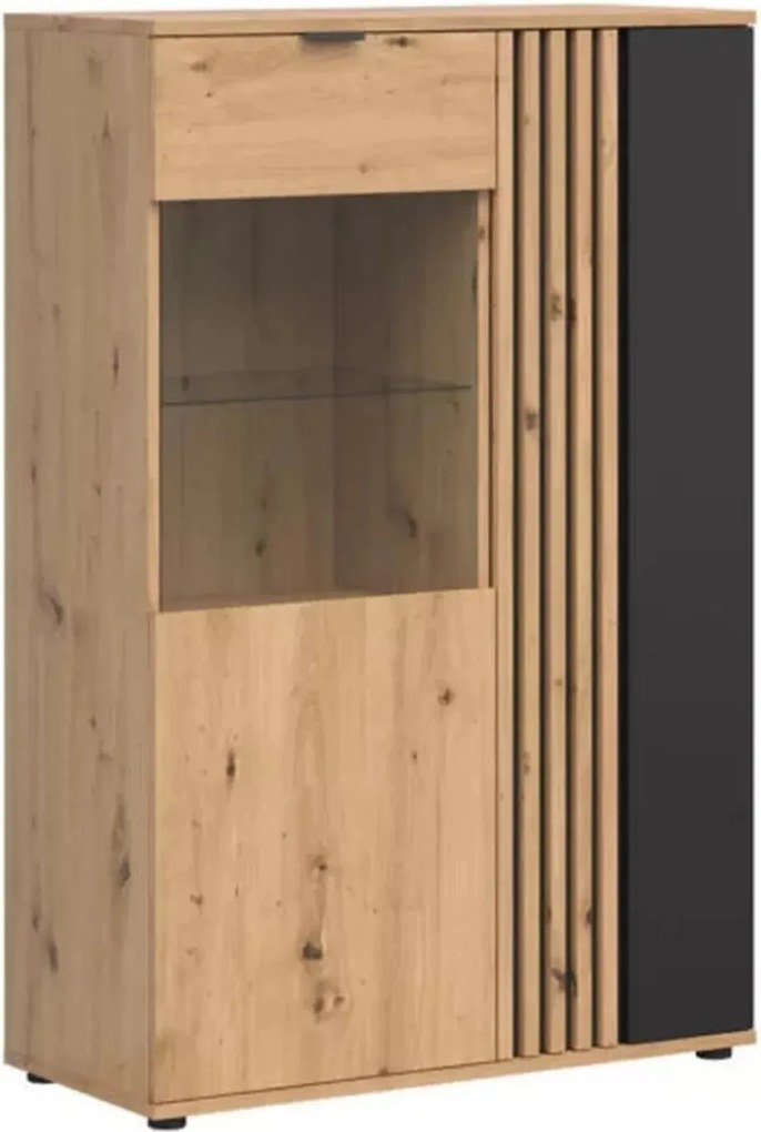 Vitrina VABRES, stejar artisan/negru mat, PAL laminat/sticla, 91x40x13