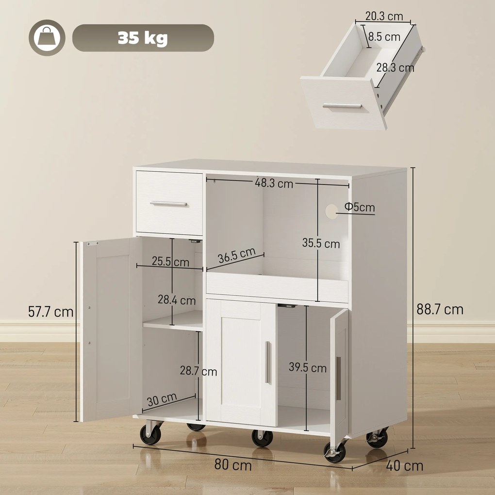 HOMCOM Dulap pentru cuptorul cu microunde din lemn, cu sertar, 2 dulapuri, raft deschis și blat ajustabil, 80x40x88.7 cm, alb | Aosom Romania
