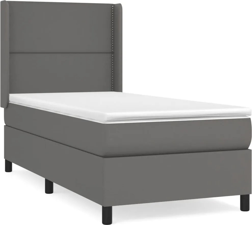 vidaXL Pat box spring cu saltea, gri, 90x200 cm, piele ecologică