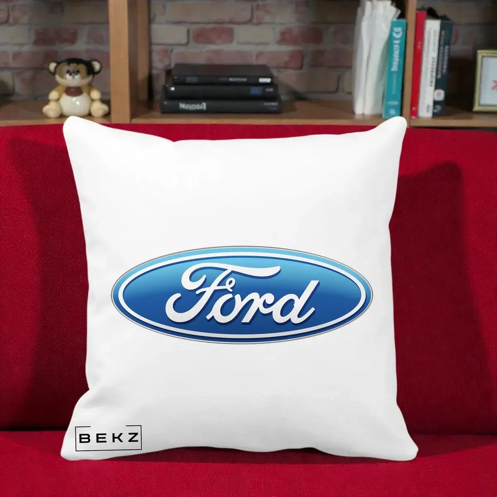Perna Personalizata cu emblema Ford, 40x40 cm, Alba Mata, Husa Detasabila, Perna Inclusa, BEKZ®