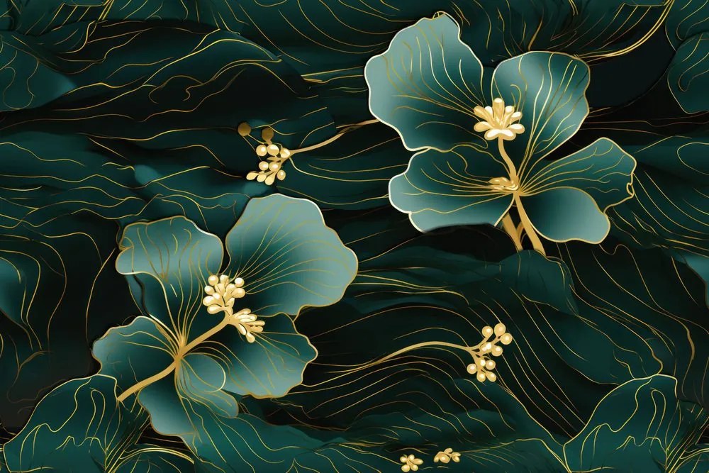 Tapet floare verde-aurie luxoasă