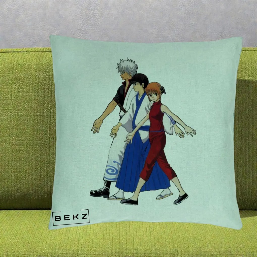 Perna Personalizata Gintama Trio Gintoki Shinpachi Kagura, 40x40 cm, Verde Menta, Husa Detasabila, Perna Inclusa, BEKZ®