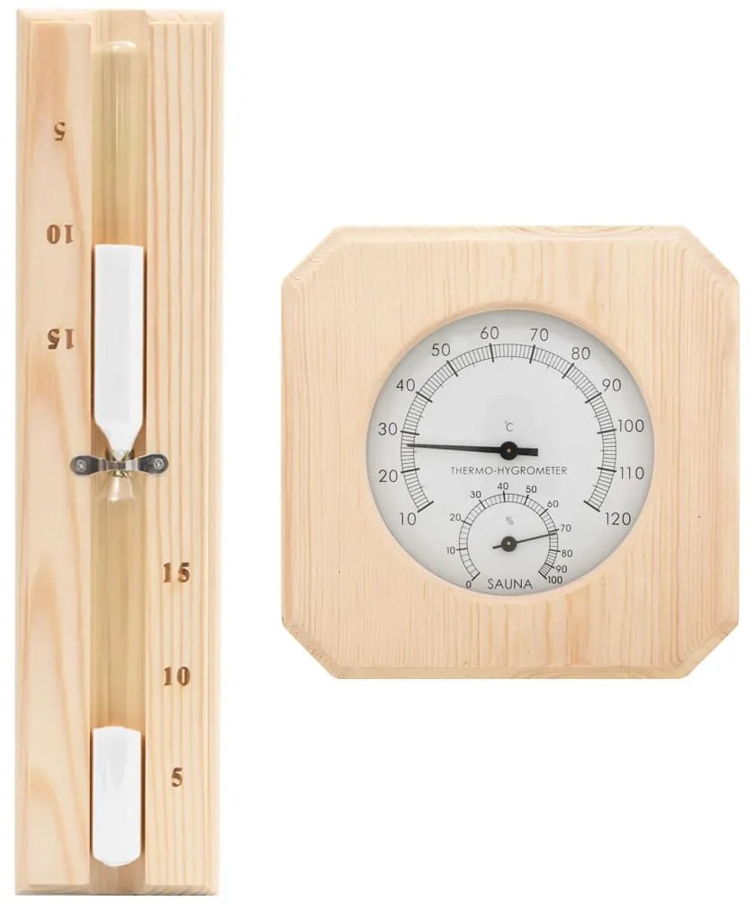 Set 2 in 1 higrotermograf si clepsidra de sauna, lemn masiv pin