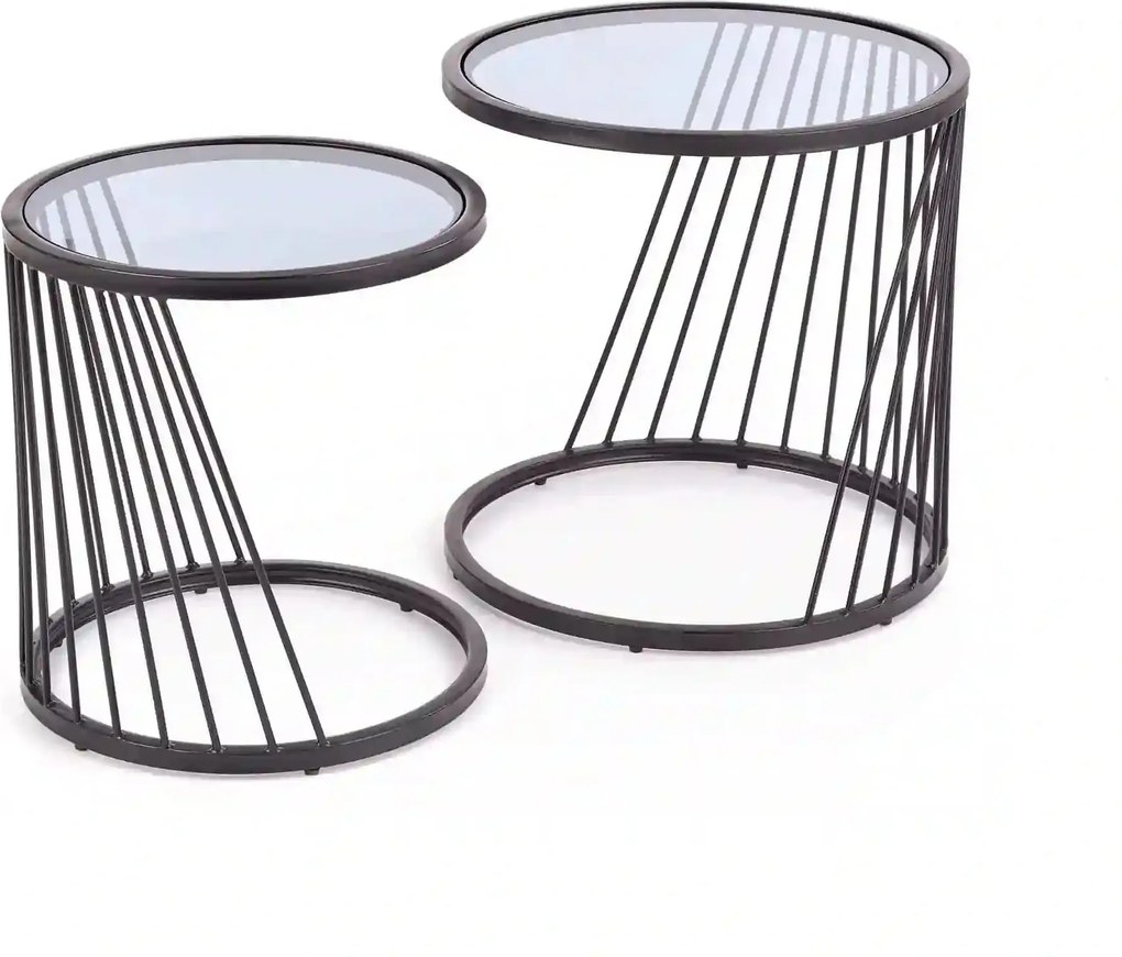 Set 2 masute cafea ANTILLA, transparent/negru, sticla/otel