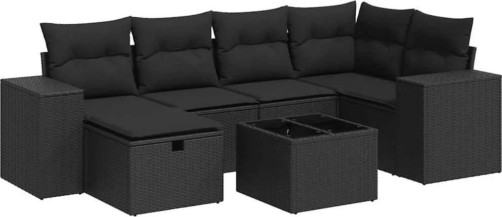 vidaXL Set canapele de grădină cu perne, 7 piese, negru, poliratan