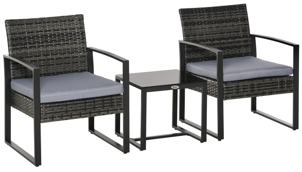 Set de mobilier de grădină Outsunny din ratan pentru 2 persoane, Set de mobilier de balcon din poliratan, Set de mobilier de balcon cu pernuțe, Grădină Gri | Aosom Romania