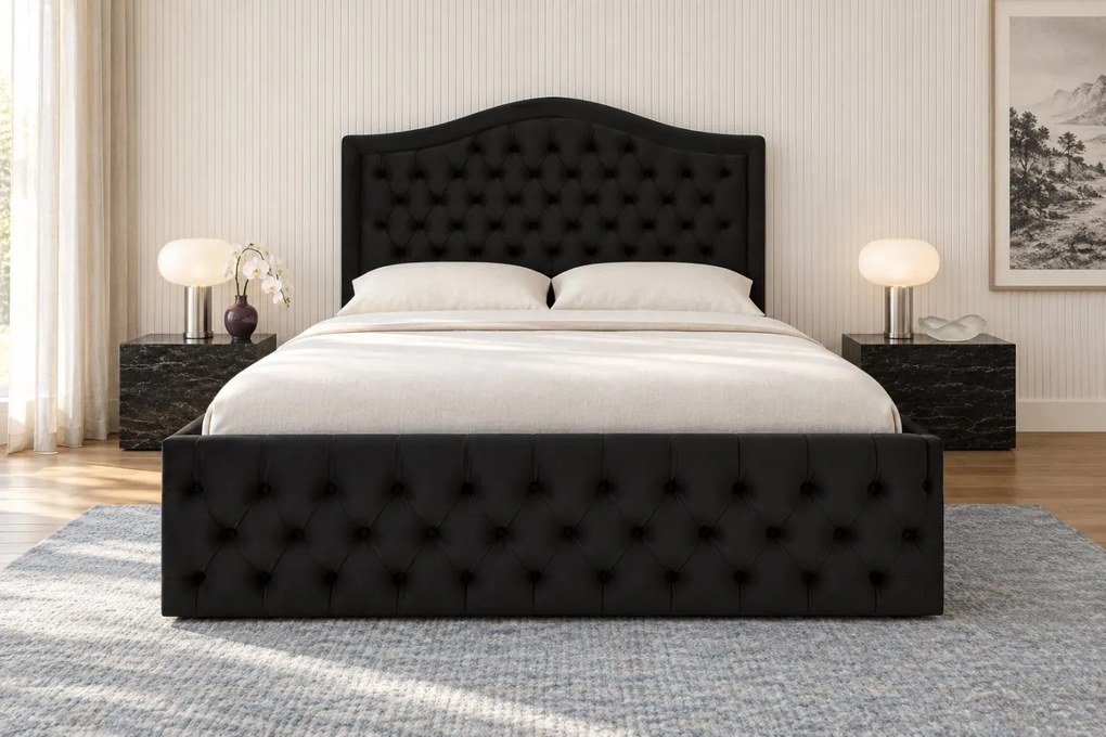 Pat tapițat din catifea Solaria 200×200 cm, negru, cu ladă de depozitare