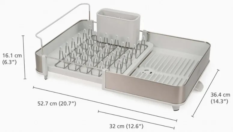 Uscator de vase Joseph Joseph Extend 851692, Extensibil, Drenaj, Suport ustensile si tacamuri detasabil, Sampanie/Alb
