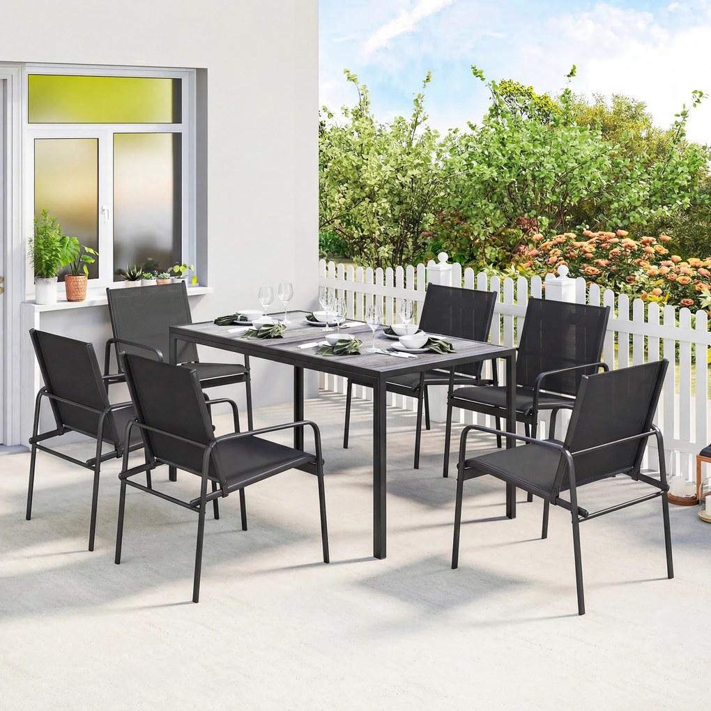 Outsunny Set de Prânz pentru Exterior, 7 Piese pentru 6 Persoane, Masă cu Efect de Lemn și Scaune cu Șezut Respirabil, Set Mobilier de Grădină cu Cadru din Oțel Galvanizat, Negru | Aosom Romania