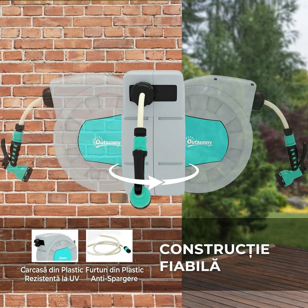 Outsunny Tabur pentru Furtun Retractabil cu Furtun de Apă 30+2 m, Rotativ la 180°, 50x23x45 cm, Verde | Aosom Romania