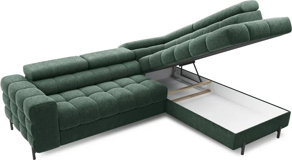 Colțar verde extensibil/cu spațiu de depozitare cu tapițerie din țesătură bouclé (cu colț pe partea dreaptă/în formă de ”L”) Ferucce – ELTAP