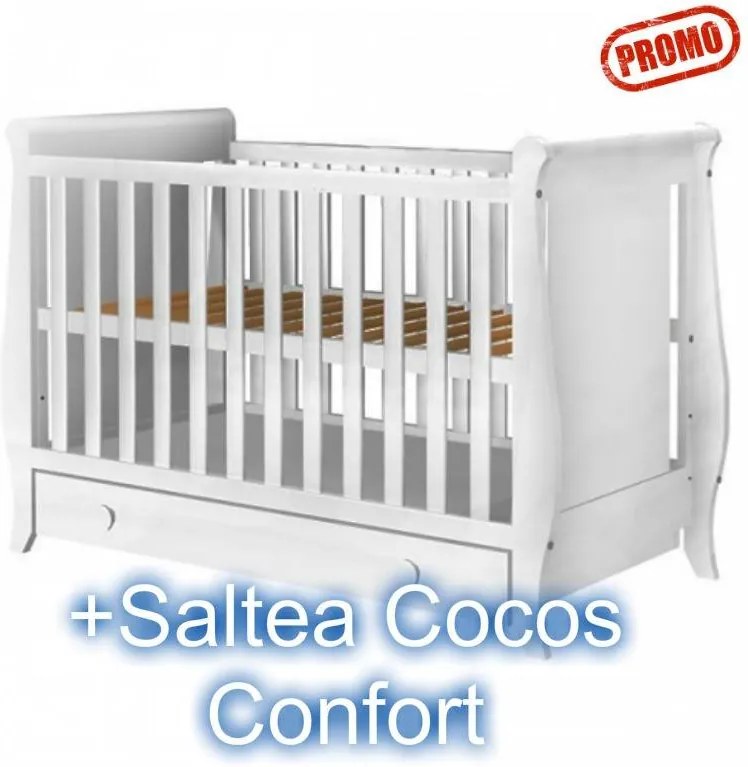 Patut copii din lemn Mira alb cu sertar+ Saltea 8Cm