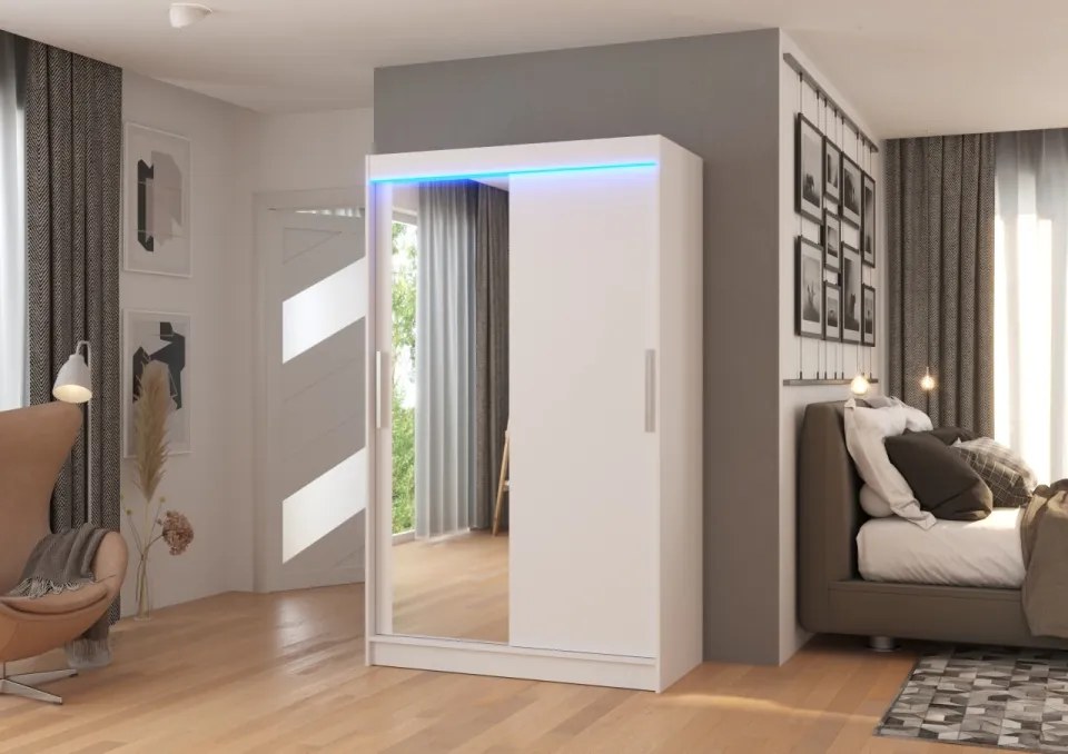 Dulap cu usi glisante si oglinda + iluminare LED, Bario 120 + LED, 120 cmx200 cmx58 cm, ADRK Furniture (Culoare: Alb)