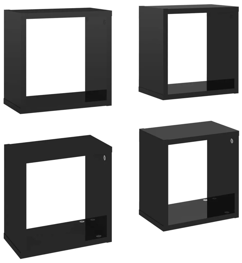 807047 vidaXL Rafturi de perete cub, 4 buc., negru extralucios, 26x15x26 cm