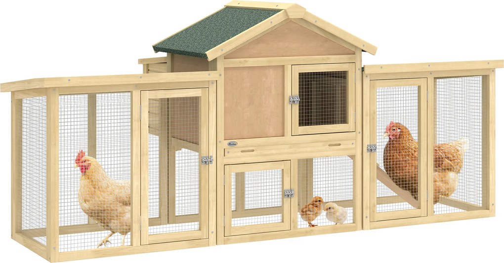 PawHut Coteț pentru găini din lemn cu cuib, acoperiș impermeabil, băț de odihnă, curte, rampă, 204x85x93 cm lemn natural | Aosom Romania